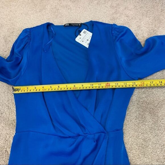 Zara blue v-neck wrap front long sleeve satin effect dress Sz M NWT - Picture 10 of 14